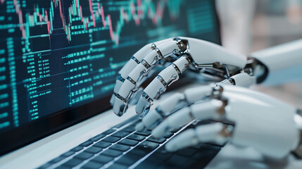 Cybernetic Analysis: Robotic hand diligently interacts with a laptop displaying stock market data, symbolizing advanced technology and futuristic finance.