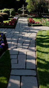 A low angle cinematic shot tracking along a stone pathway in a lush lawn garden, featuring vibrant flower beds, neatly trimmed hedges, and ornamental shrubs. Vertical video backgrounds
