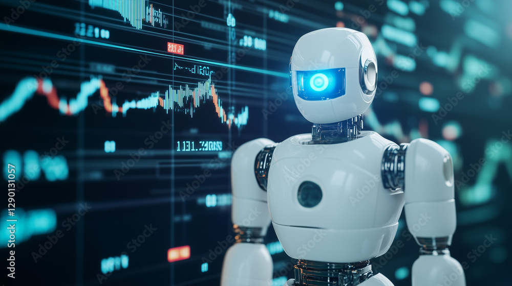 Poster ai financial analysis: a modern robotic assistant stands confidently, its circuits humming with the 