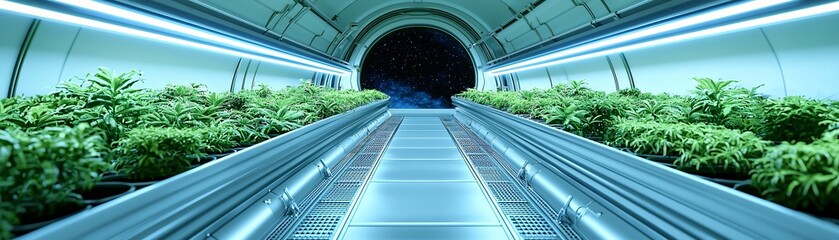 Obraz premium a zero-gravity greenhouse on a space station, thriving plants adapted to artificial sunlight, astronauts tending to futuristic hydroponic systems, breathtaking view of Earth through panoramic