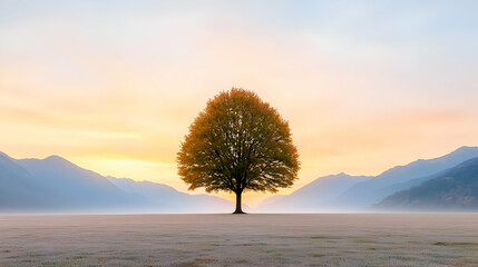 Solitary autumn tree sunrise, misty valley. Peaceful nature scene, perfect for meditation