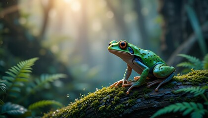 Green Frog Resting on Mossy Log in Forest Glade with Sunlight