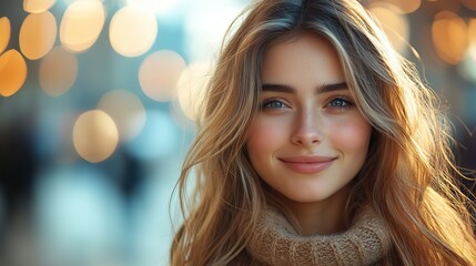 Fototapeta premium young beautiful girl with long hair in the city at sunset toning