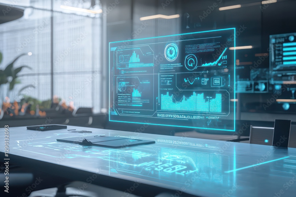 Poster modern workspace displaying holographic raas scalability metrics in real time.