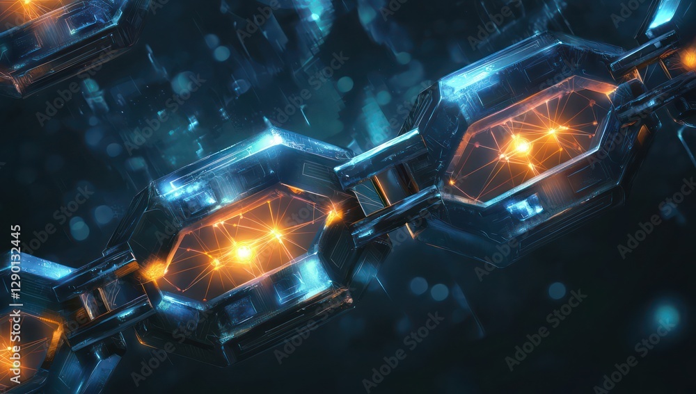 Poster glowing digital links in an abstract blockchain design emphasize futuristic interconnectedness.