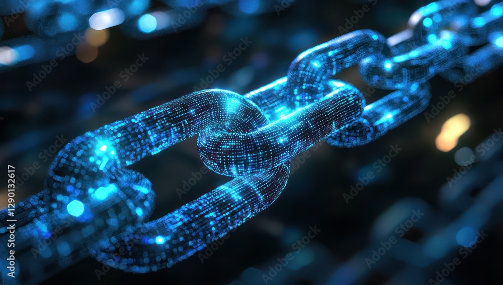 Aufkleber futuristic theme in blockchain visualization, featuring glowing interconnected digital links.