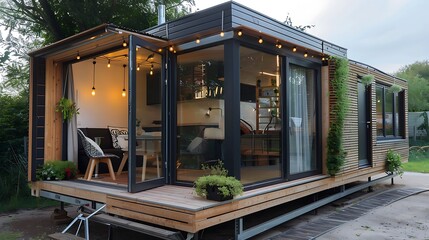 Fototapeta premium Modern Tiny House with Open Concept and Large Windows Surrounded by Nature