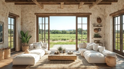 Obraz premium Rustic farmhouse living room with panoramic views