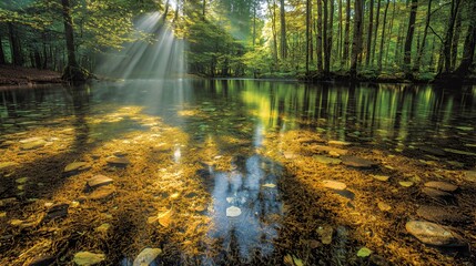 Obraz premium Sunlit Autumn River in a Green Forest