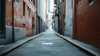 Urban Canyon Perspective: A narrow, symmetrical urban alleyway lined with brick buildings, leading the eye towards a distant skyscraper, creates a sense of depth and the architecture’s character