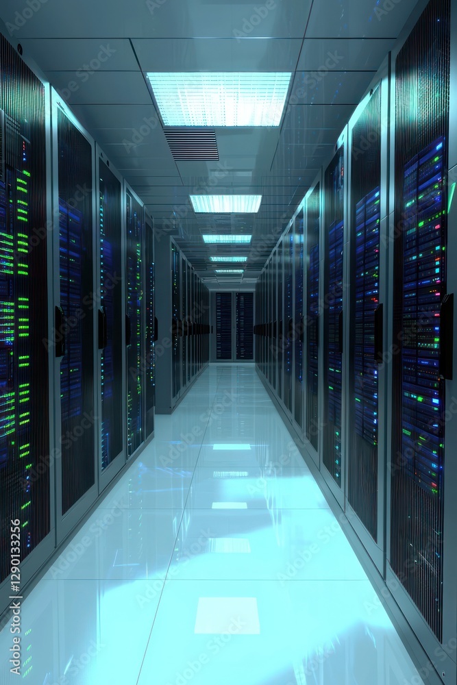 Aufkleber a server room's role in global data operations depicted in an abstract high-tech style.