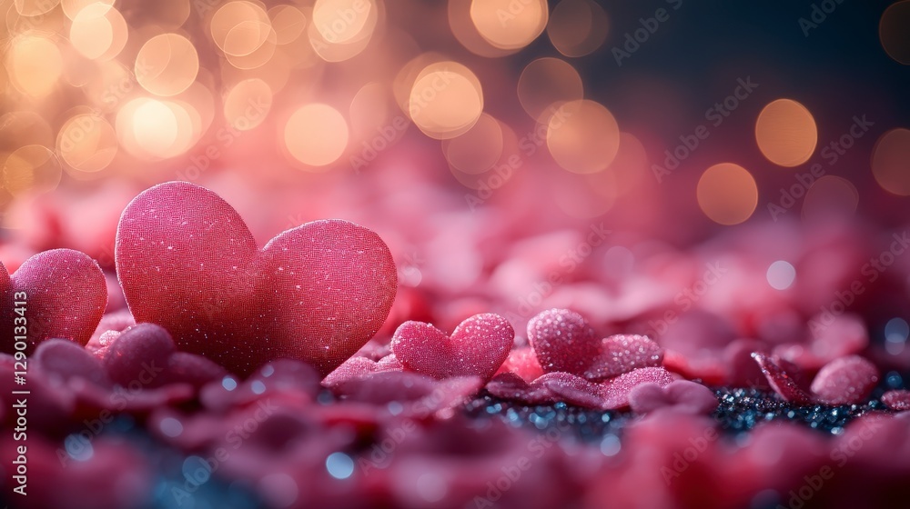 Poster romantic hearts on a table with soft twinkling lights in background
