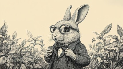 Anthropomorphic rabbit wearing glasses and a suit holds a watch