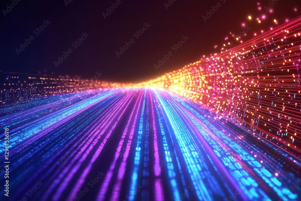 Aufkleber binary code and light trails flow on a digital background, highlighting rapid and secure data transm