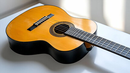Fototapeta premium Yellow Acoustic Guitar on White Surface