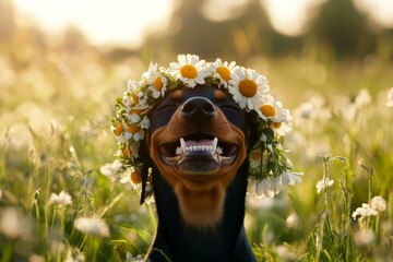 Vacation time happiness. Morning rays. Cute baby dog doberman pinscher wearing untamed flower crown...