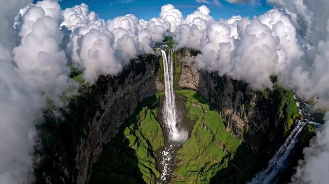 Wide angle shot captures waterfalls plunging surrounded by thick, cotton like clouds, surreal nature landscape
