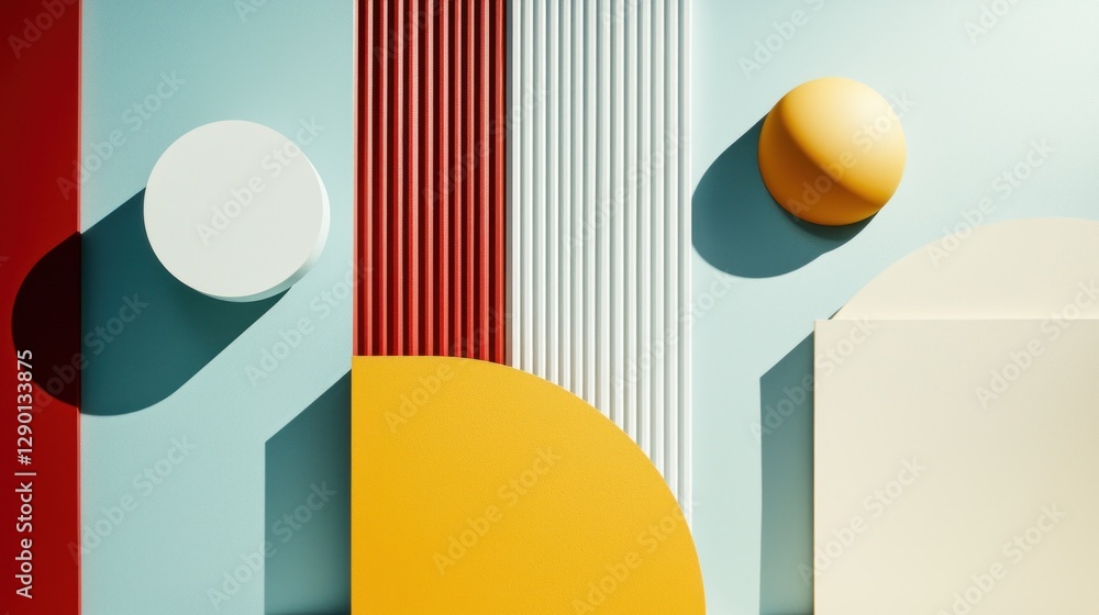 Poster Geometric composition of vibrant shapes casting shadows on a pastel blue background in a minimalist style creating a modern and abstract visual