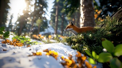 Captivating Fox in Winter Forest Sunlight, a Blend of Warmth and Cold, Showcasing Wildlife in Serene Nature, with a Low Angle and Bokeh Background