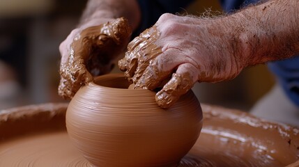 Intimate close up of skilled hands shaping clay on a spinning wheel in a pottery studio creating art artistic craft and tradition