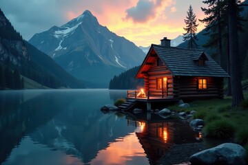 Fototapeta premium Rustic log cabin beside tranquil lake, campfire glows , sunset, holiday