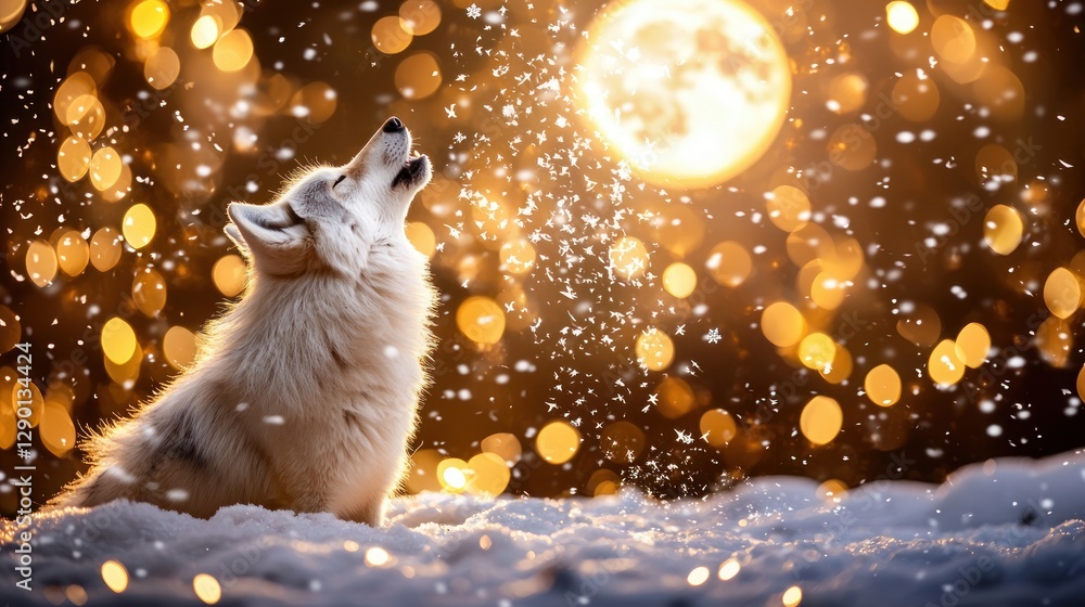 Poster majestic white wolf howling at the winter moon amidst a snowy landscape and bokeh lights creating a 