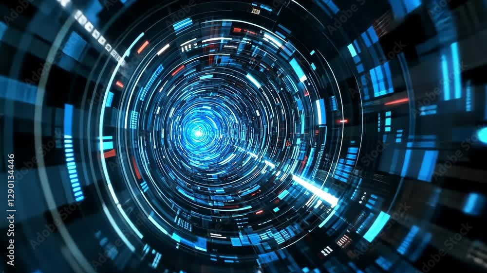 Poster digital vortex of blue and black tones swirling with light patterns reflecting futuristic technology