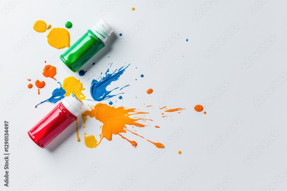Aufkleber vivid splashes of liquid color with paint bottles on white canvas backdrop artistic creative display
