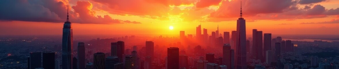 Fototapeta premium Sunset cityscape, skyscrapers ablaze with golden light, glass, nightfall, evening light
