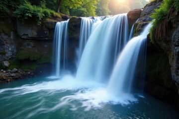 Obraz premium Steaming hot spring water cascades down rocky cliffs, creating a series of small waterfalls , pool, spa