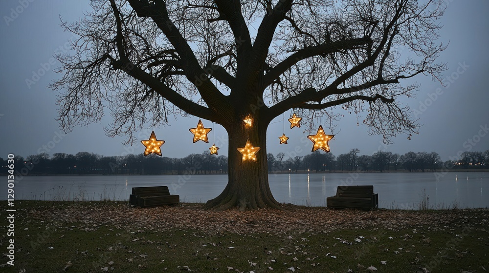 Aufkleber enchanting stars illuminate bare tree by tranquil lake in autumnal landscape serene scene with bench