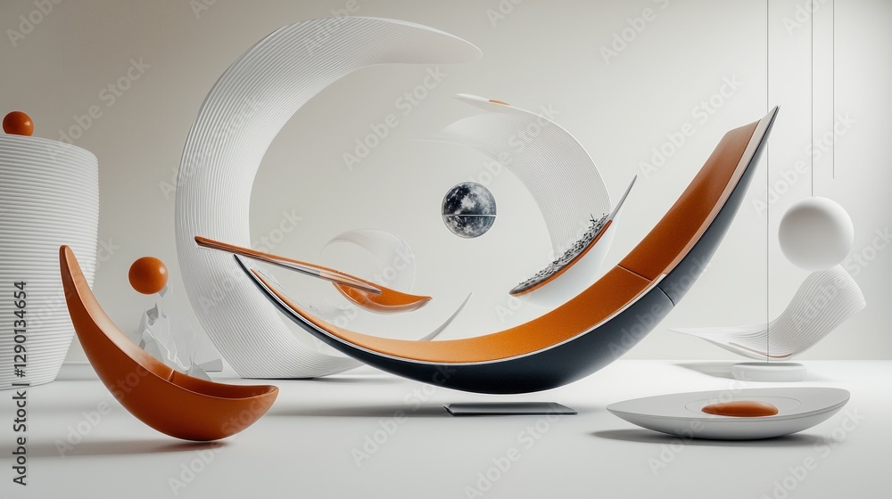 Poster Abstract Composition of Floating Orange and White Geometric Shapes in a Minimalist Setting
