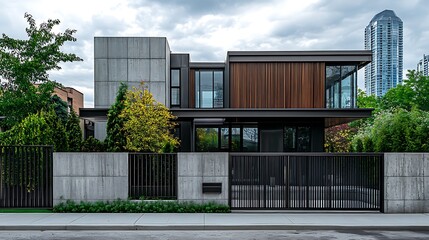 Obraz premium Modern House Exterior with Wood and Concrete on an Overcast Day