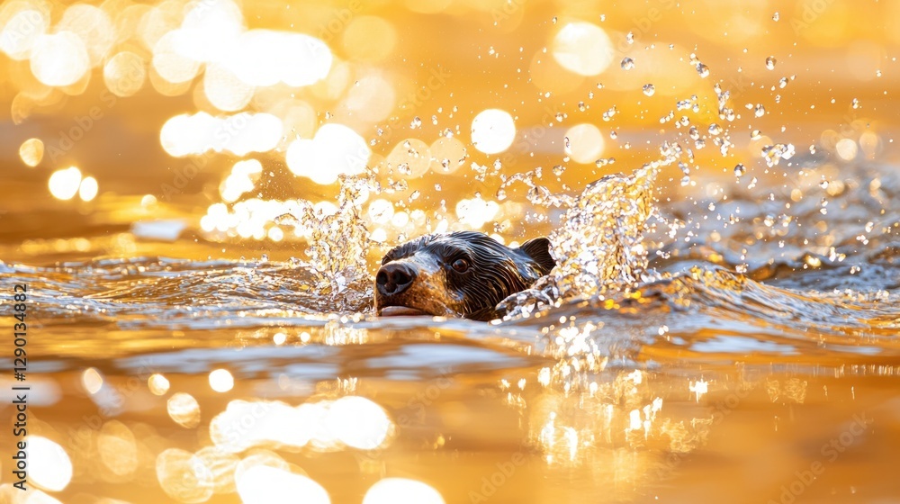 Aufkleber striking close up of a black bear swimming in golden water with splashes creating a dynamic wildlife