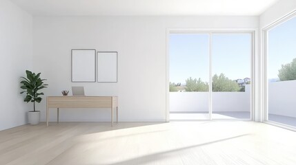 Bright Minimalist Home Office Desk with Open Balcony View for Virtual Meetings, Inviting Atmosphere and Creative Space