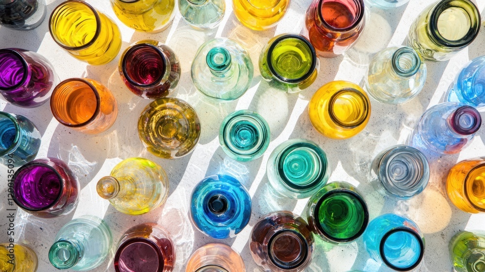 Poster Overhead shot of vibrant colorful glass bottles casting shadows on a white surface creating a beautiful pattern and texture perfect for artistic backgrounds