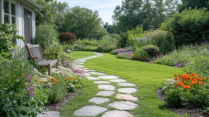 Rustic garden path winds through colorful flowerbeds