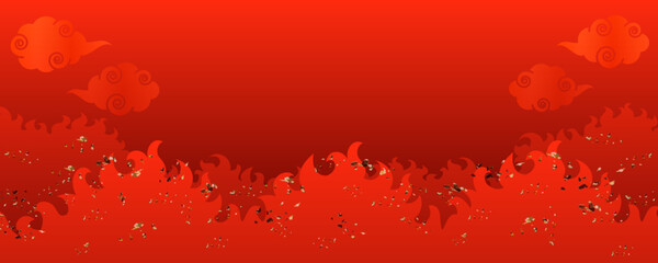 燃える炎、火の粉、中華風の雲が描かれた赤のグラデーション背景ベクターイラスト　横長