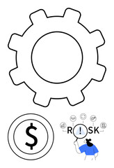 Large gear outline, dollar coin icon, and person analyzing risk with magnifying glass. Ideal for finance, economics, operations, decision-making, strategy, risk assessment abstract line flat