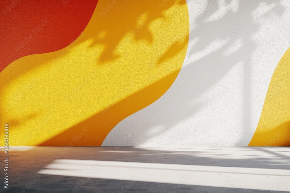 Poster abstract wall art with colorful geometric design leaf shadow play sunlight on cement floor artistic 