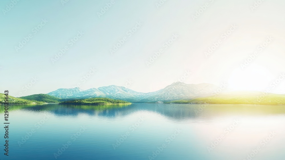 Aufkleber serene lake view with distant mountains reflecting in calm water under bright sky for peaceful natur