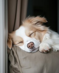 Sleeping dog relaxing at home indoor pet cozy environment close-up serenity