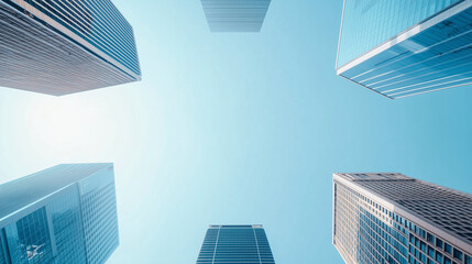 Skyward Gaze: A striking perspective showcasing a circle of modern skyscrapers soaring towards a clear blue sky.