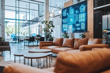 Holographic tokenized real estate tools enhance management in coworking lounge.