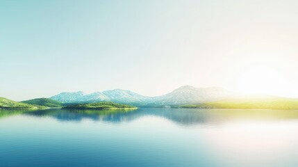 Fototapeta premium Serene Lake View with Distant Mountains Reflecting in Calm Water Under Bright Sky for Peaceful Nature Scenery