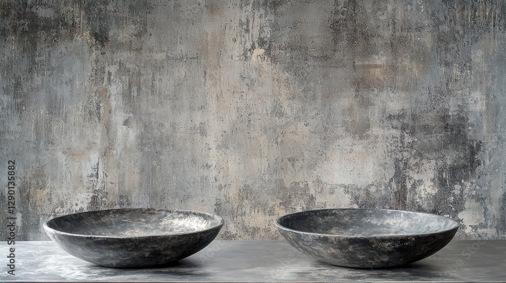 Aufkleber Rustic charm still life featuring two weathered bowls set against a textured concrete backdrop creating a moody and artistic composition