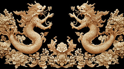 Obraz premium Golden Mythical Creature: Exquisite golden mythical creature with intricate design and detailed floral elements, a captivating display of artistry and cultural richness.