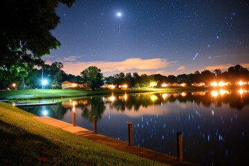 Obraz premium Serene Suburban Nightscape Capturing Stars Reflecting in Tranquil Lake with Illuminated Houses and Dock