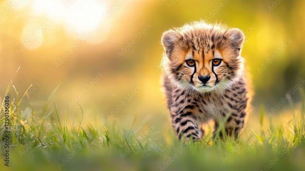Poster adorable cheetah cub explores grassy meadow bathed in golden sunlight creating a heartwarming wildli