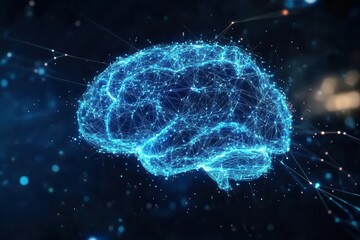 glowing neural network forming brain shape with neon blue connections, floating in dark space with digital particles
